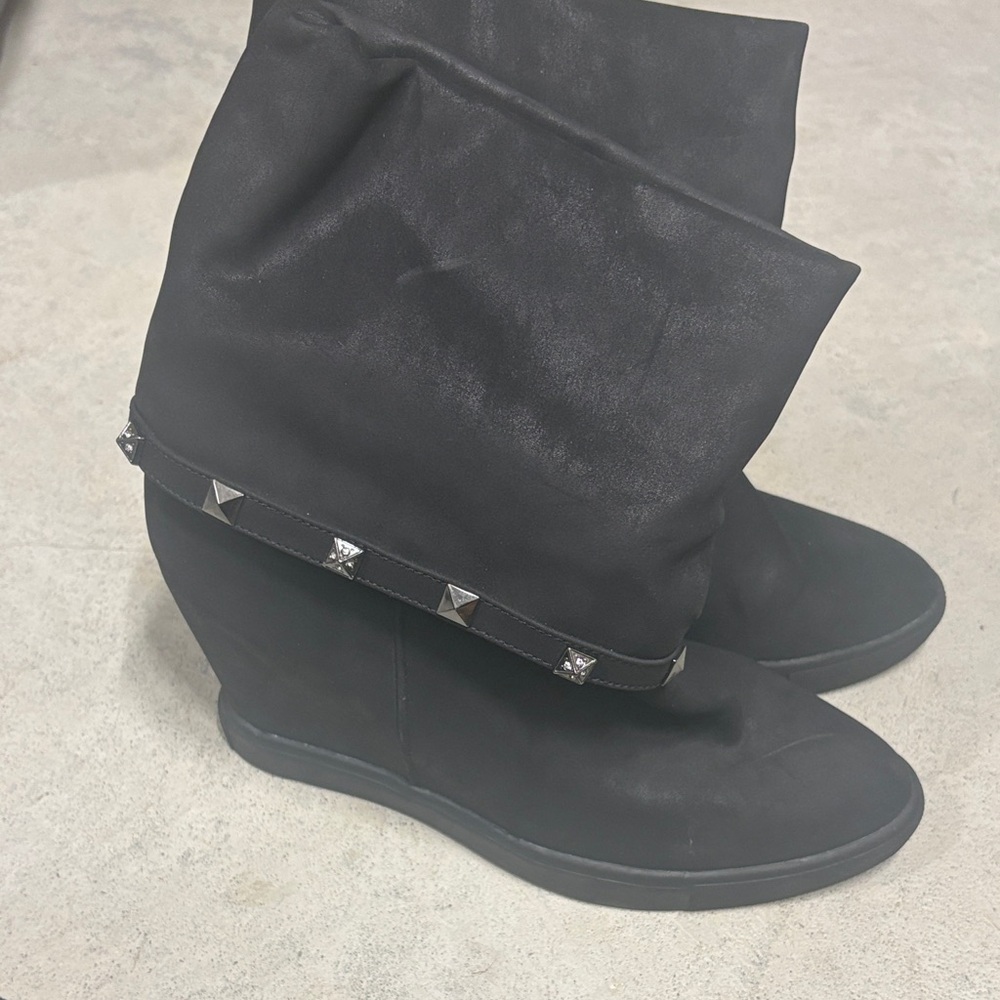 Elegant Black Wedge Boots with Studded Detail